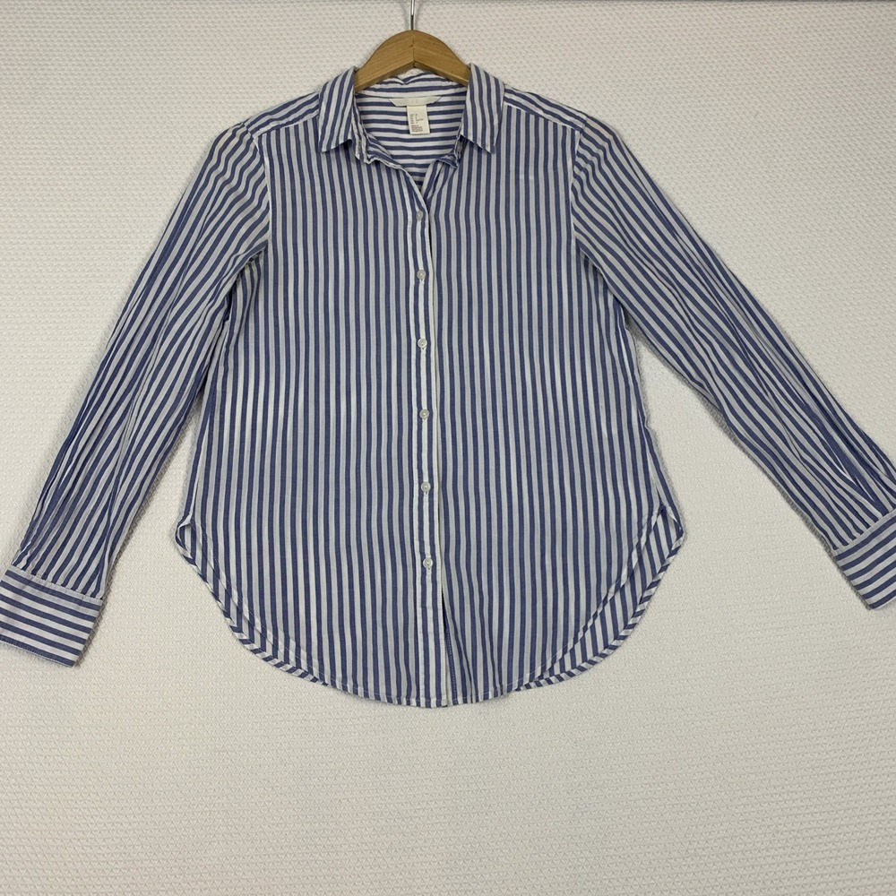 H&M Blue White Striped Button Down Shirt Womens 2 Cotton Long Sleeve
